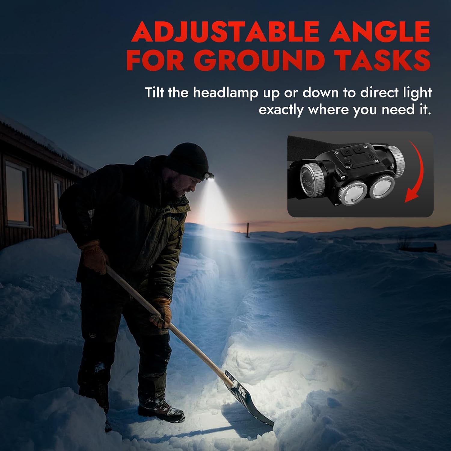 Rechargeable Headlamp 1500 Lumens, Hands-Free LED Headlamp with Adjustable Angle, Motion Sensor & Battery Indicator, 4 Modes for Winter Chores, Snow Shoveling, Outdoor Work
